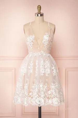 Cute V Neck Backless Pink Lace Appliques Short Prom Dress Pink Lace Formal Graduation Homecoming Dress
