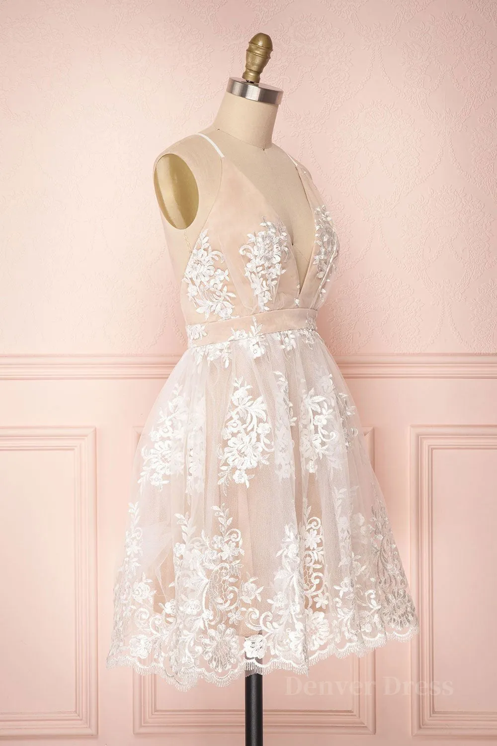 Cute V Neck Backless Pink Lace Appliques Short Prom Dress Pink Lace Formal Graduation Homecoming Dress