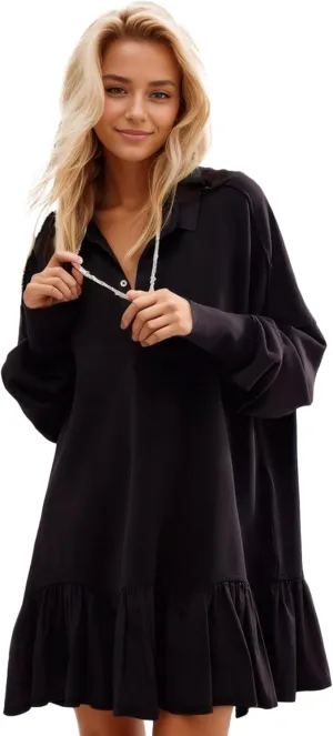 D-Sun Women V-Neck Oversized Sweatshirt Mini Dress Long Sleeves Patchwork Tunic Dress Pleated Ruffle Hem Pullover Top
