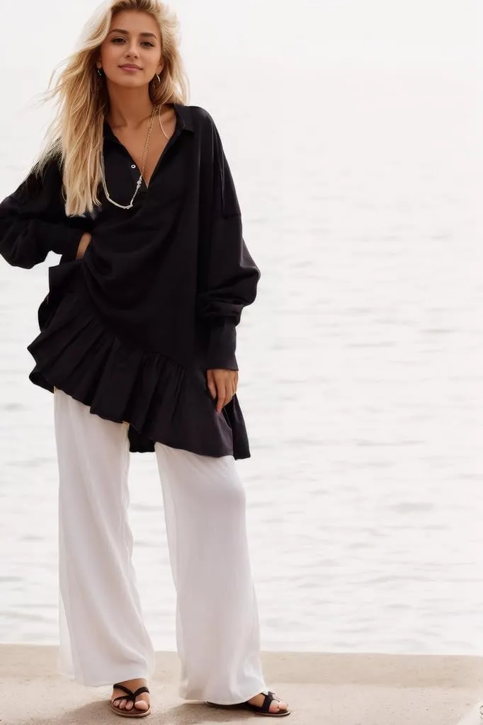 D-Sun Women V-Neck Oversized Sweatshirt Mini Dress Long Sleeves Patchwork Tunic Dress Pleated Ruffle Hem Pullover Top