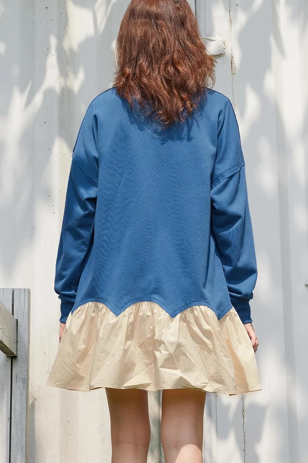 D-Sun Women V-Neck Oversized Sweatshirt Mini Dress Long Sleeves Patchwork Tunic Dress Pleated Ruffle Hem Pullover Top