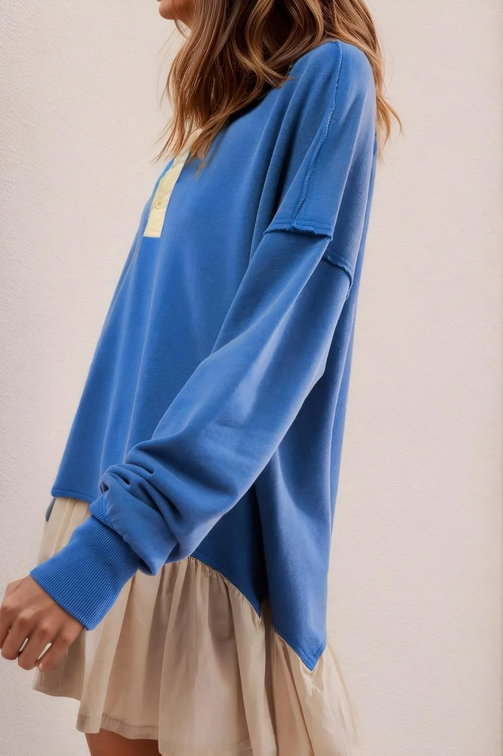 D-Sun Women V-Neck Oversized Sweatshirt Mini Dress Long Sleeves Patchwork Tunic Dress Pleated Ruffle Hem Pullover Top