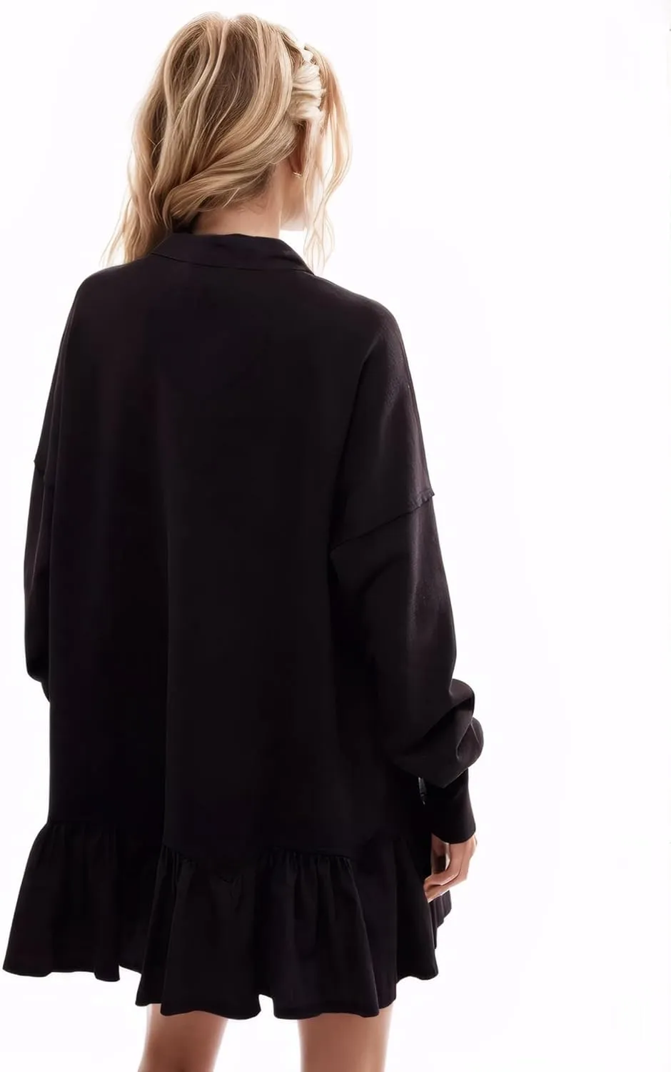 D-Sun Women V-Neck Oversized Sweatshirt Mini Dress Long Sleeves Patchwork Tunic Dress Pleated Ruffle Hem Pullover Top