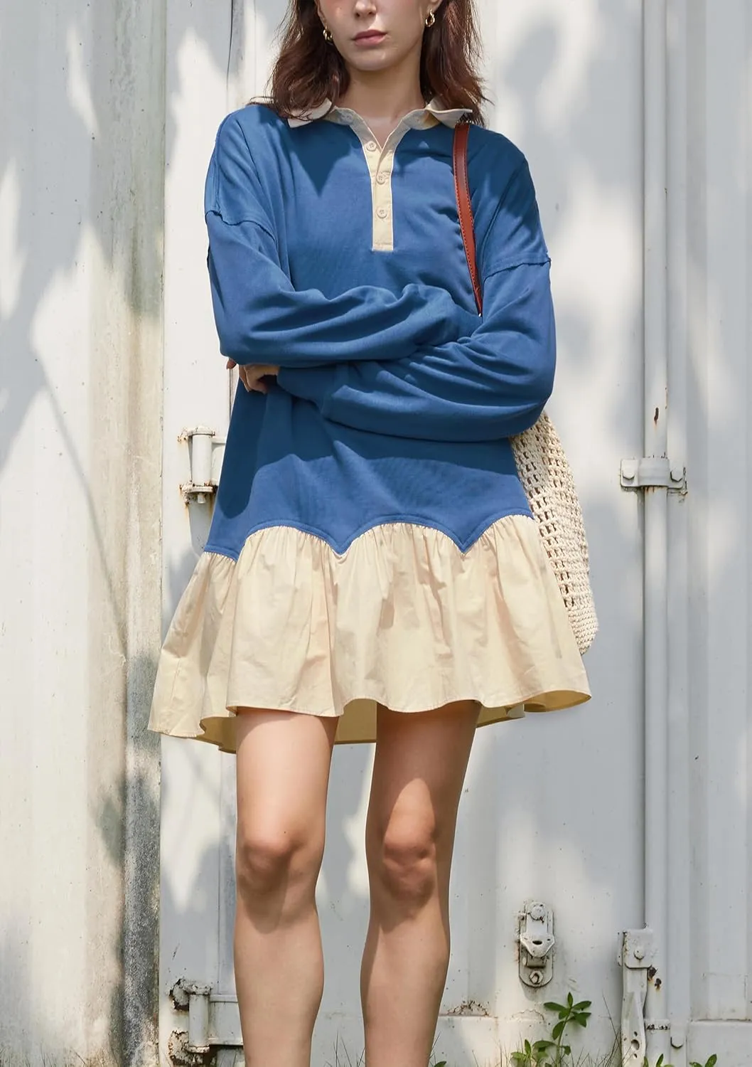 D-Sun Women V-Neck Oversized Sweatshirt Mini Dress Long Sleeves Patchwork Tunic Dress Pleated Ruffle Hem Pullover Top