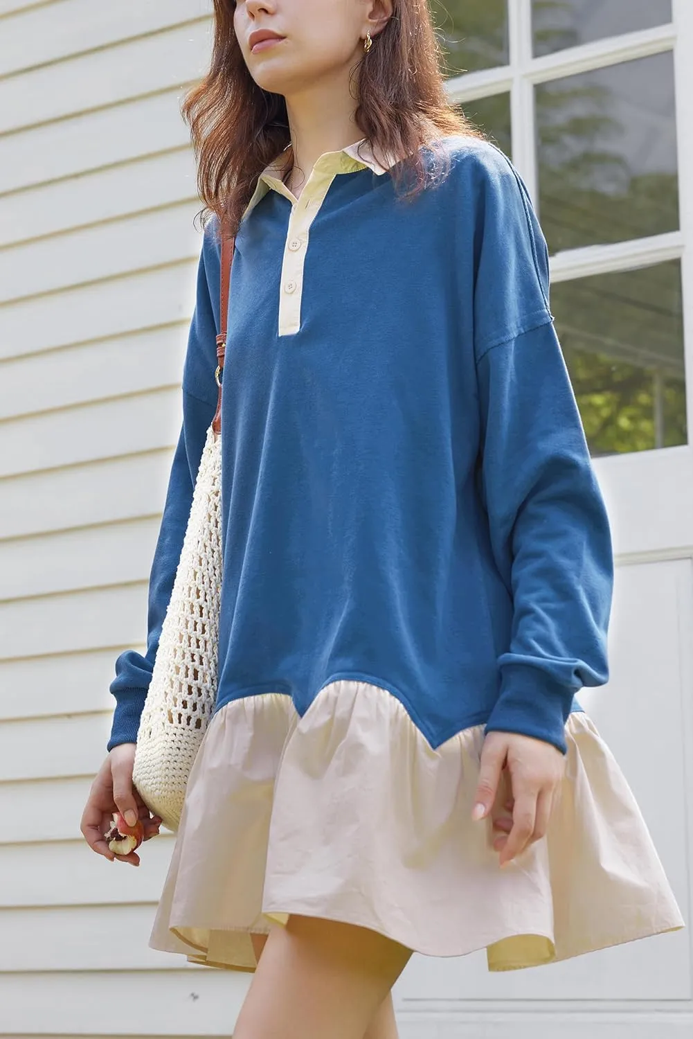 D-Sun Women V-Neck Oversized Sweatshirt Mini Dress Long Sleeves Patchwork Tunic Dress Pleated Ruffle Hem Pullover Top