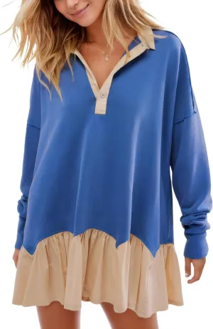 D-Sun Women V-Neck Oversized Sweatshirt Mini Dress Long Sleeves Patchwork Tunic Dress Pleated Ruffle Hem Pullover Top
