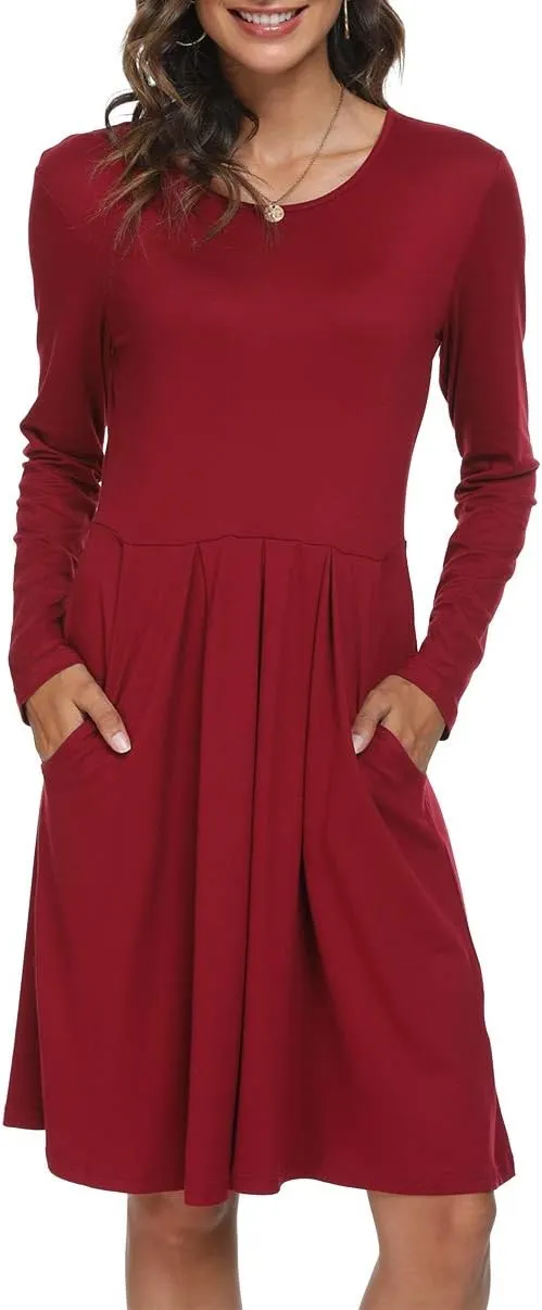 DouBCQ Women's Casual Long Sleeve Flowy Pleated Fall Dresses with Pockets