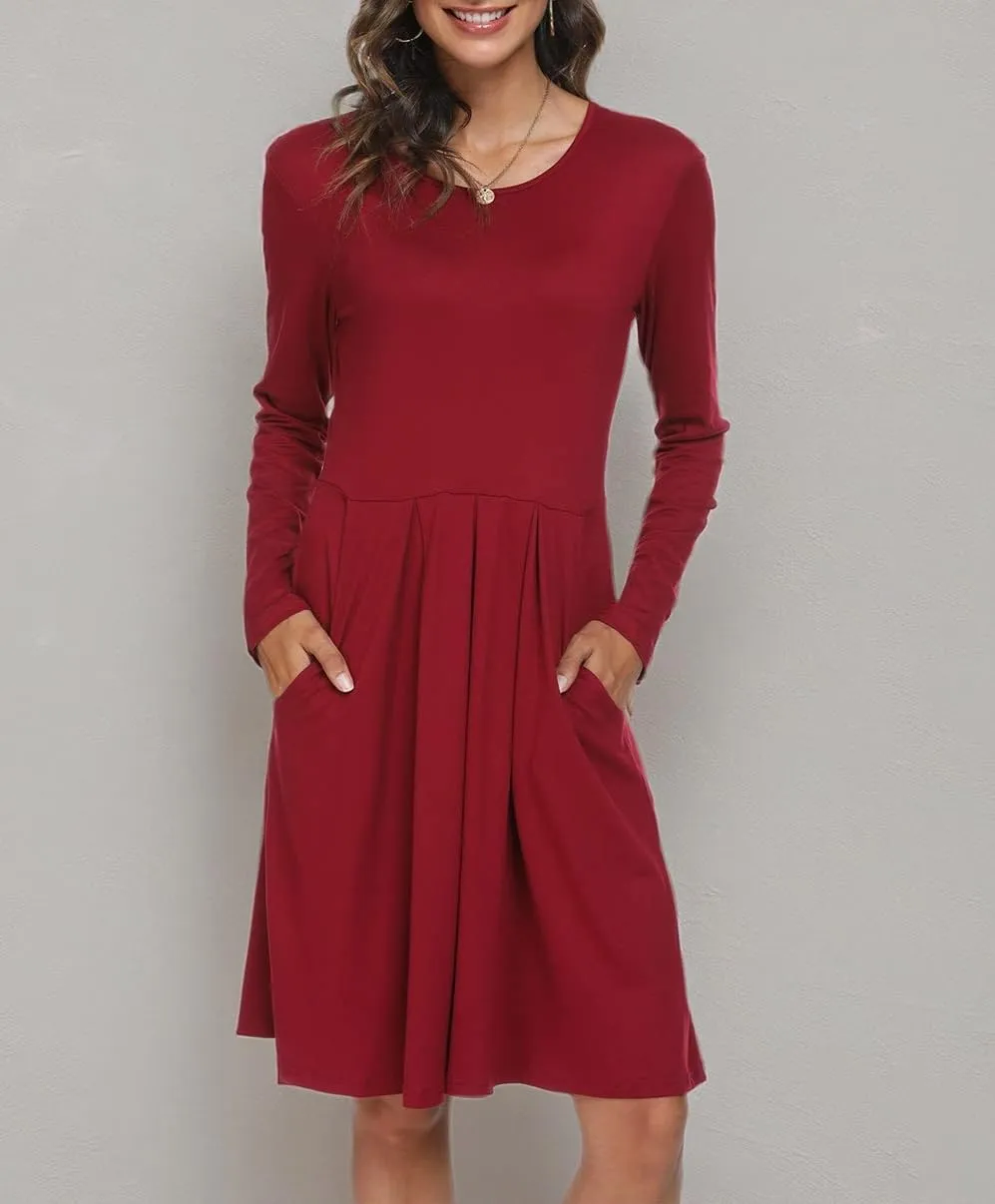 DouBCQ Women's Casual Long Sleeve Flowy Pleated Fall Dresses with Pockets