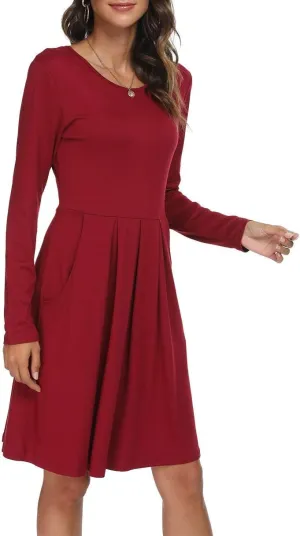 DouBCQ Women's Casual Long Sleeve Flowy Pleated Fall Dresses with Pockets