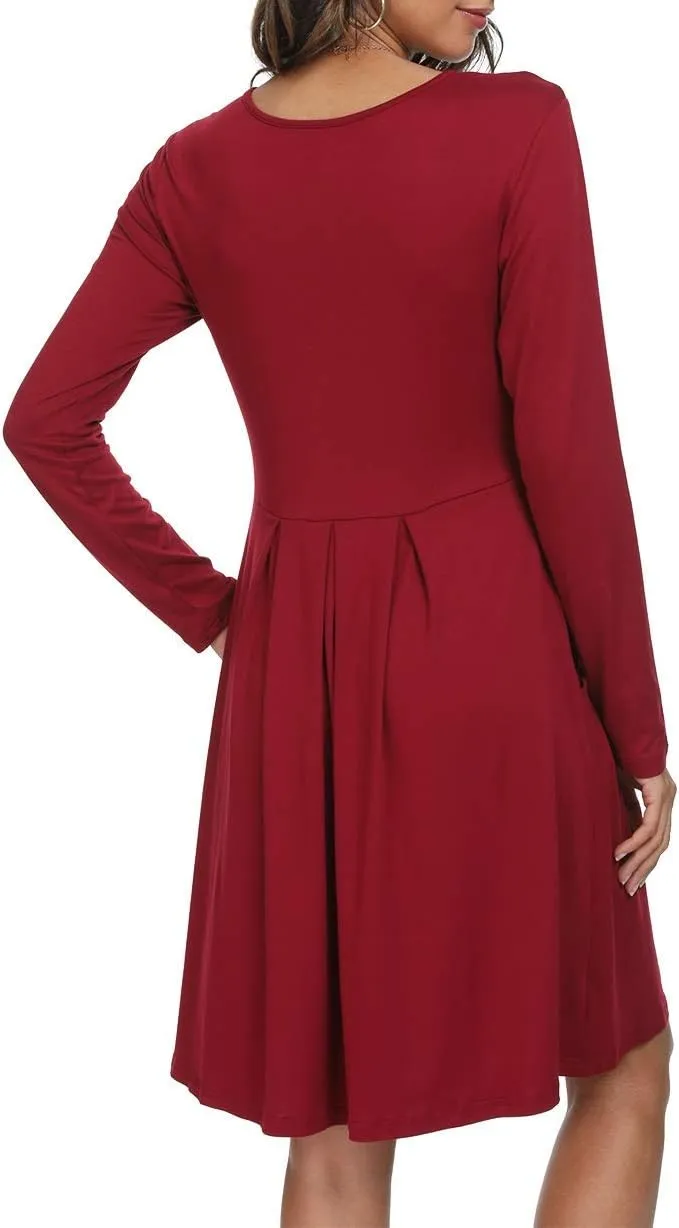DouBCQ Women's Casual Long Sleeve Flowy Pleated Fall Dresses with Pockets