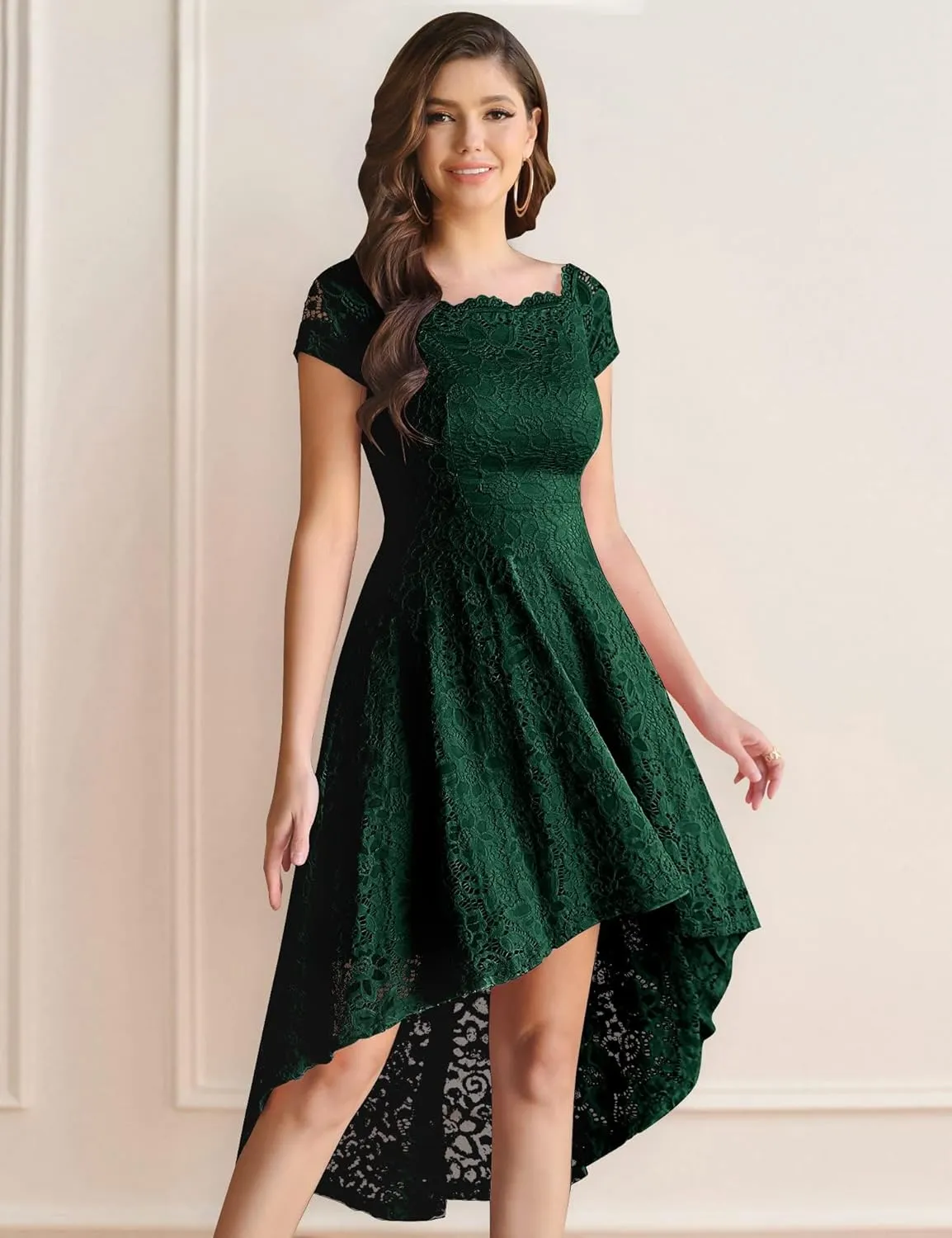 Dressystar Women's Lace Cocktail Dress Hi-Lo Off Shoulder Bridesmaid Swing Formal Party Dress