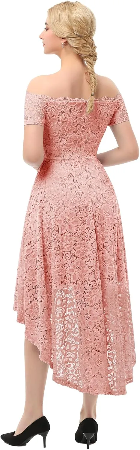 Dressystar Women's Lace Cocktail Dress Hi-Lo Off Shoulder Bridesmaid Swing Formal Party Dress