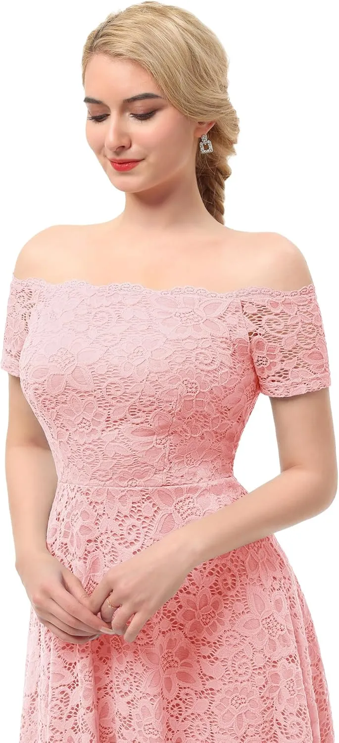 Dressystar Women's Lace Cocktail Dress Hi-Lo Off Shoulder Bridesmaid Swing Formal Party Dress
