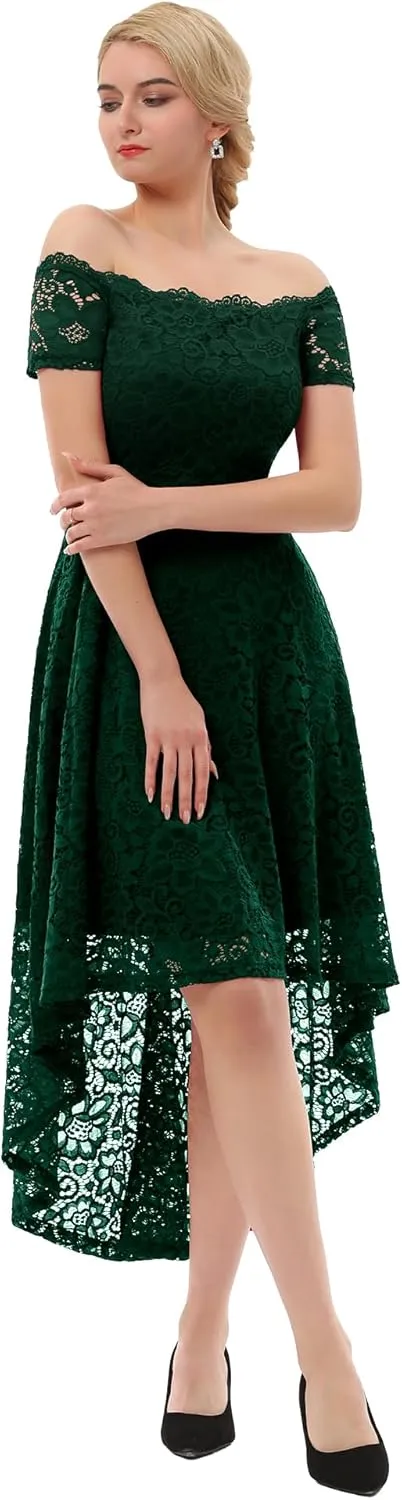 Dressystar Women's Lace Cocktail Dress Hi-Lo Off Shoulder Bridesmaid Swing Formal Party Dress