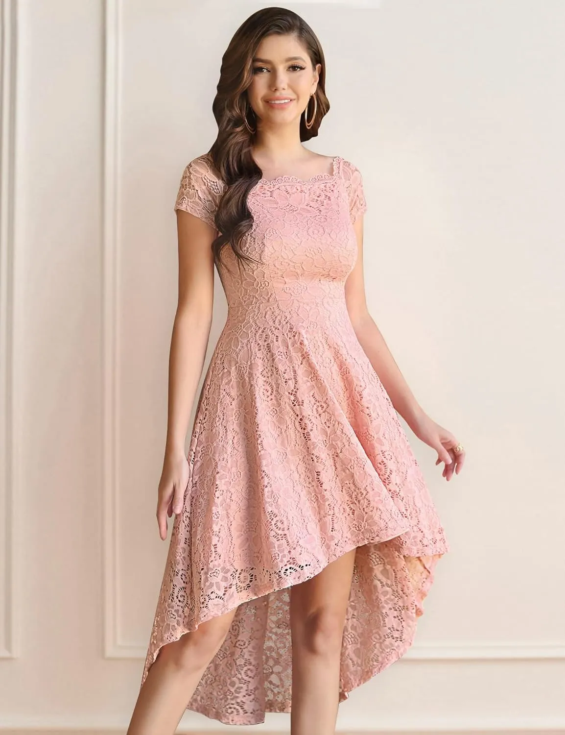 Dressystar Women's Lace Cocktail Dress Hi-Lo Off Shoulder Bridesmaid Swing Formal Party Dress