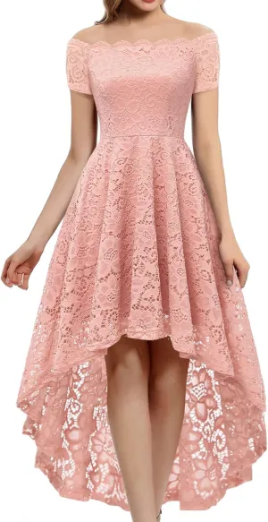 Dressystar Women's Lace Cocktail Dress Hi-Lo Off Shoulder Bridesmaid Swing Formal Party Dress
