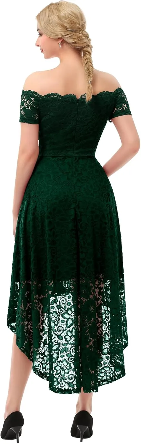 Dressystar Women's Lace Cocktail Dress Hi-Lo Off Shoulder Bridesmaid Swing Formal Party Dress