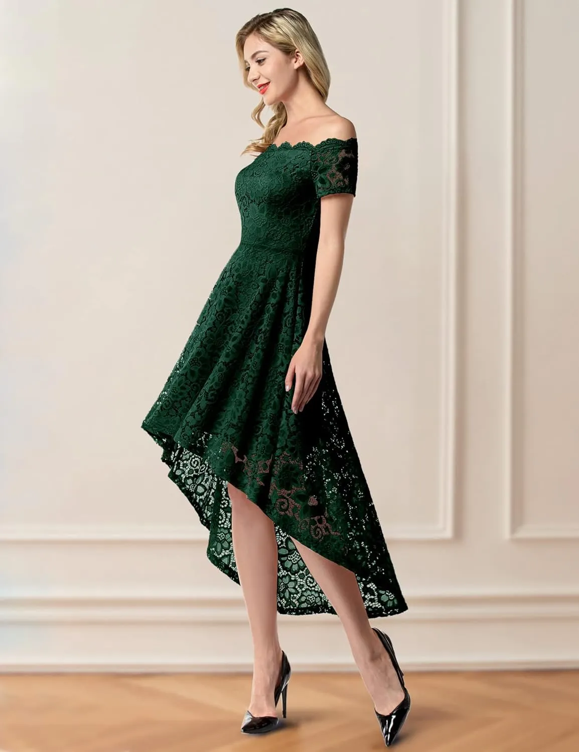 Dressystar Women's Lace Cocktail Dress Hi-Lo Off Shoulder Bridesmaid Swing Formal Party Dress