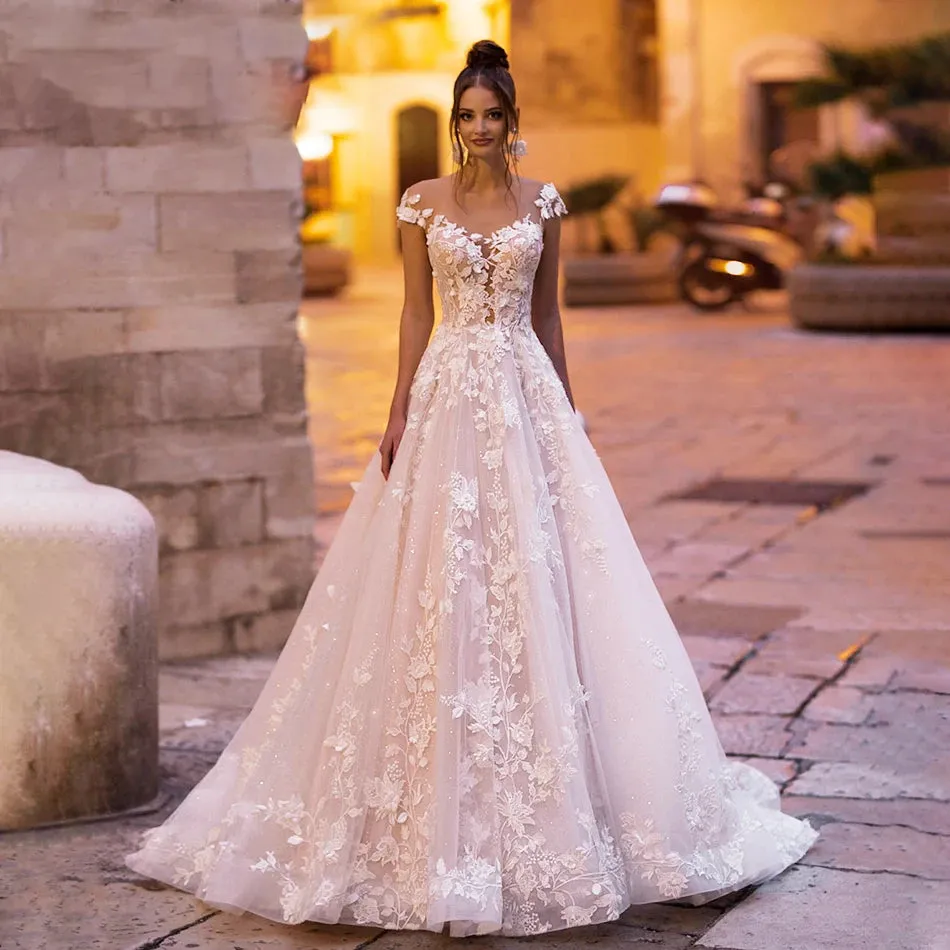 Elegant A-Line Wedding Dress Backless Beaded Lace Appliques Princess Wedding Gown
