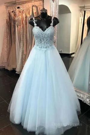 Elegant Spaghetti Straps Backless Long Blue Lace Prom Dress Backless Blue Lace Formal Graduation Evening Dress
