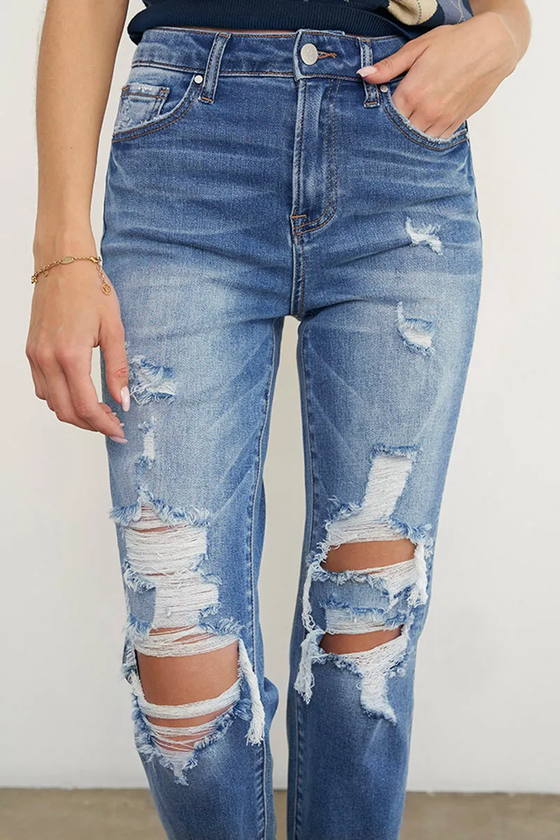 Eva Mid Rise Ripped Frayed Hem Boyfriend Jeans