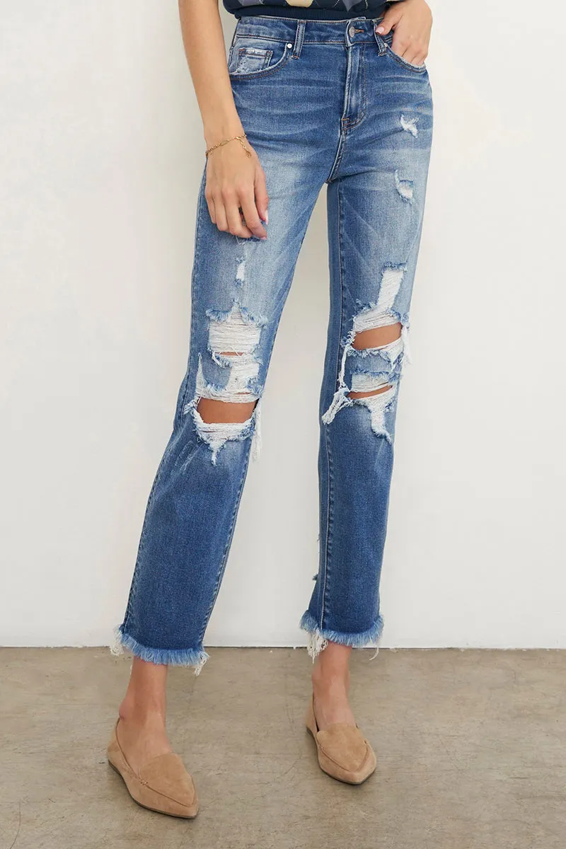 Eva Mid Rise Ripped Frayed Hem Boyfriend Jeans