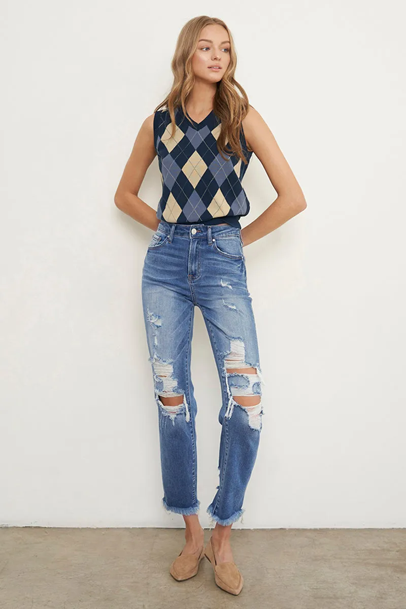 Eva Mid Rise Ripped Frayed Hem Boyfriend Jeans