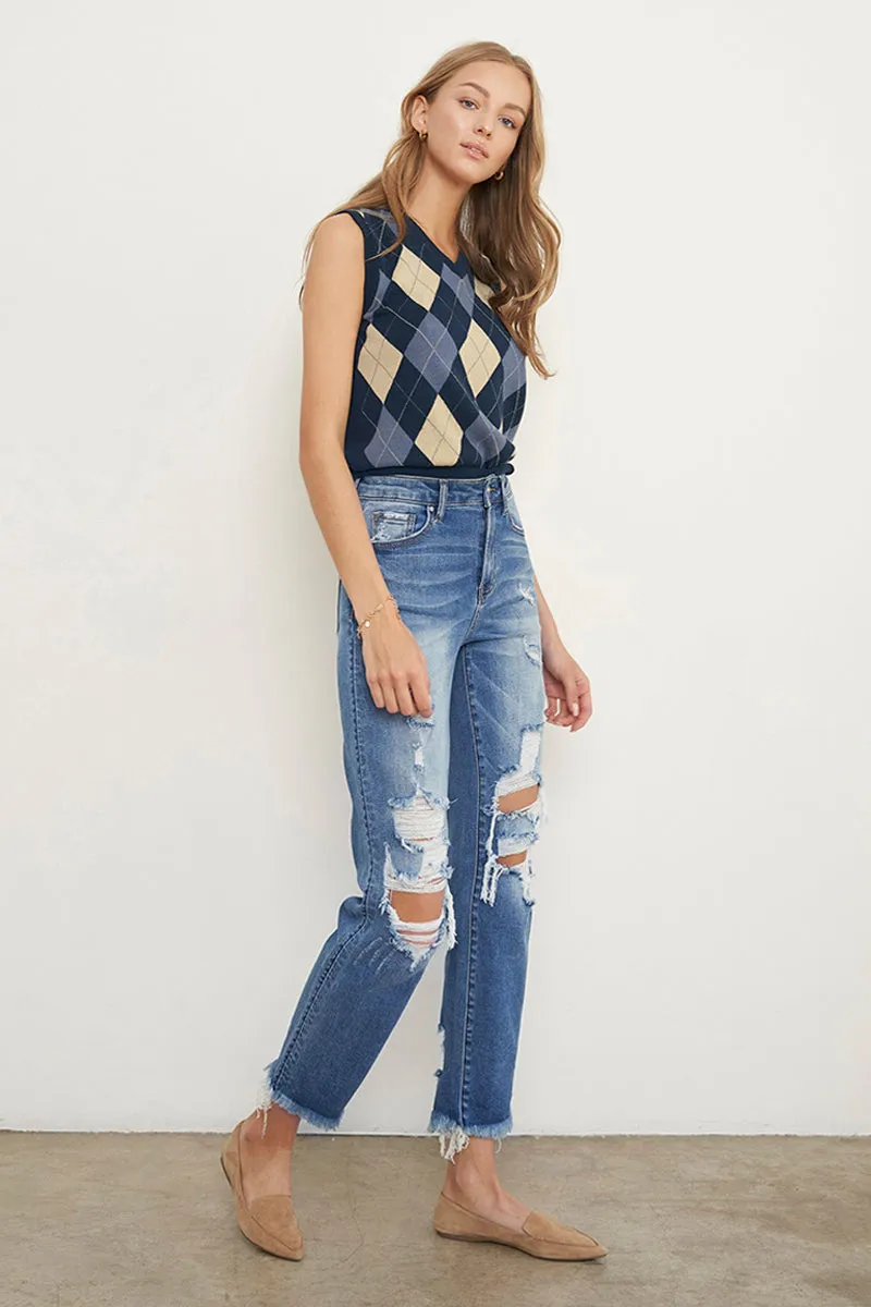 Eva Mid Rise Ripped Frayed Hem Boyfriend Jeans