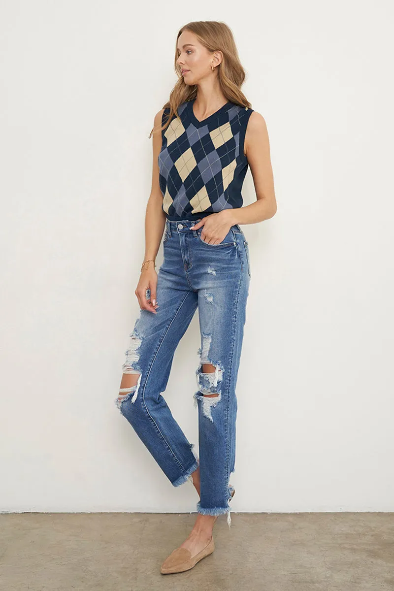 Eva Mid Rise Ripped Frayed Hem Boyfriend Jeans
