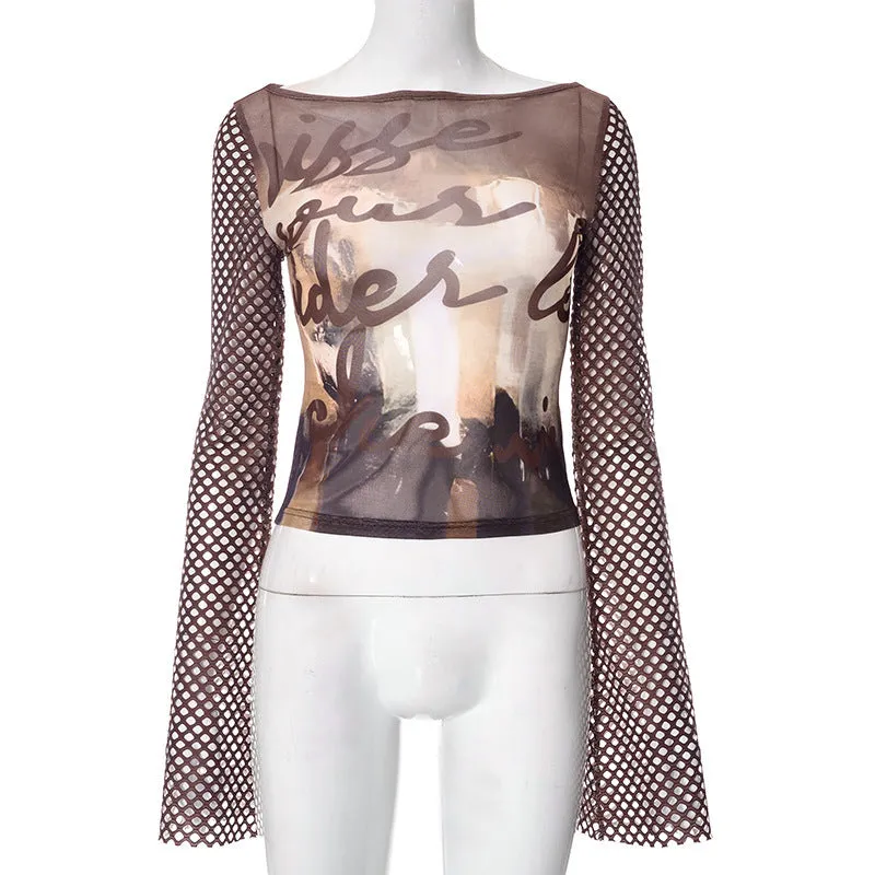 Fashionkova concert outfit  Printed Mesh Stitching Fishing Net Hollow See-through Top Female Sexy Hot Girl Niche Style