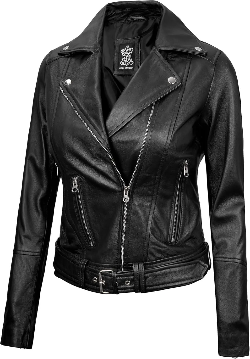 fjackets Real Leather Jacket Women - Premium Lambskin Moto Style Leather Jacket For Womens