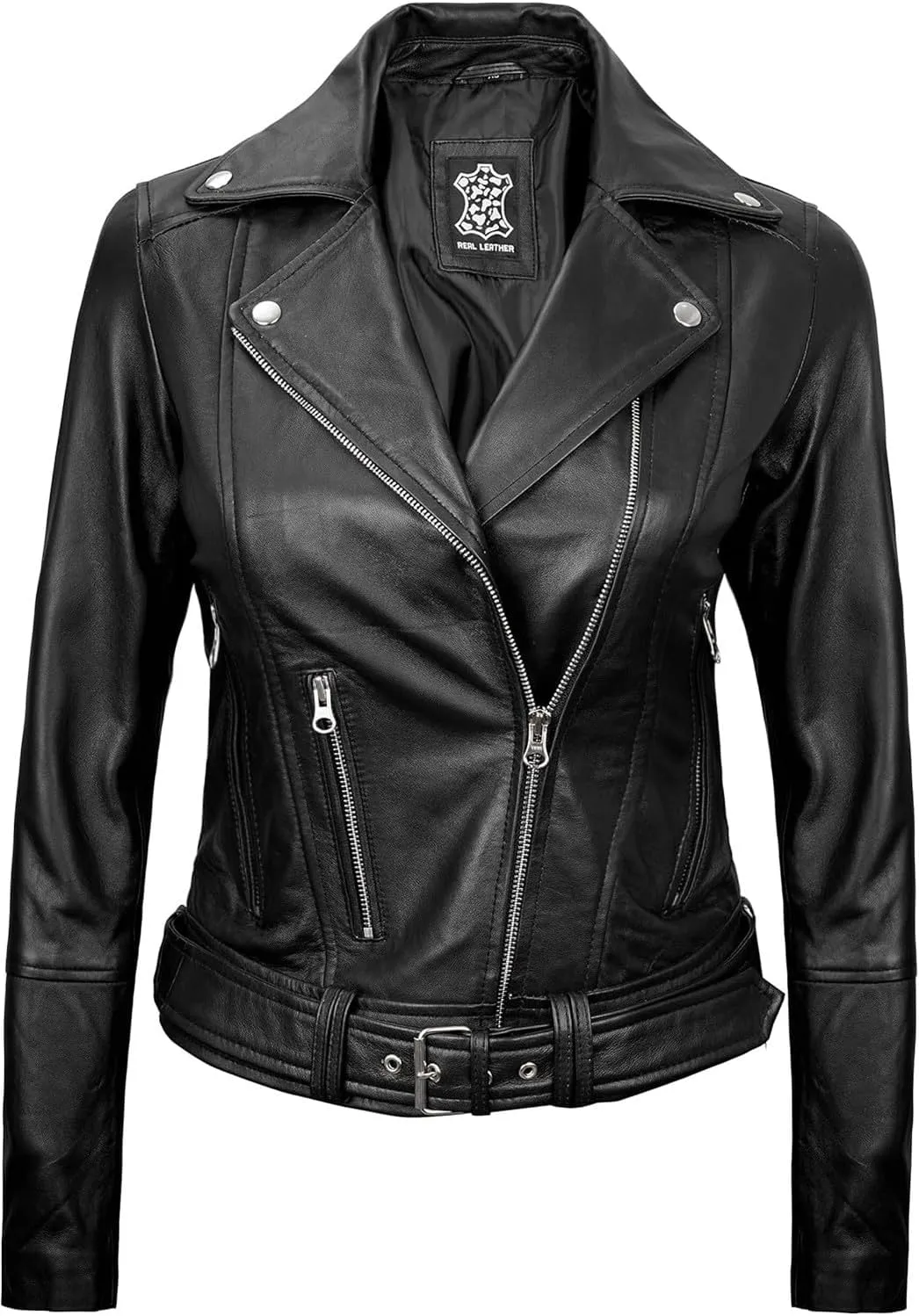 fjackets Real Leather Jacket Women - Premium Lambskin Moto Style Leather Jacket For Womens