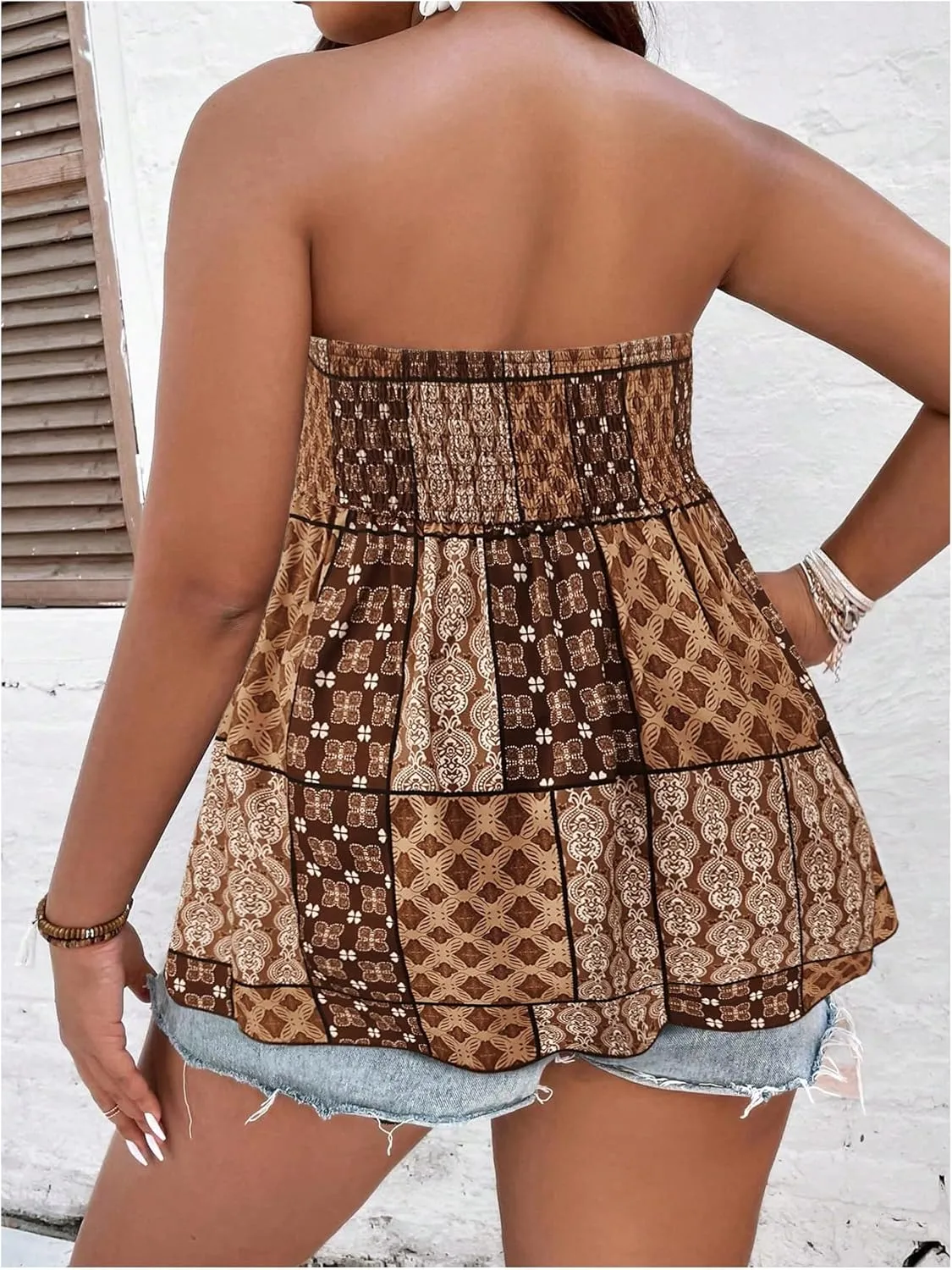 Floerns Women's Plus Size Tribal Patchwork Sleeveless Bandeau Smocked Tube Tops