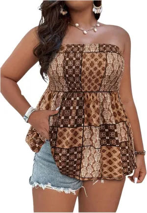Floerns Women's Plus Size Tribal Patchwork Sleeveless Bandeau Smocked Tube Tops