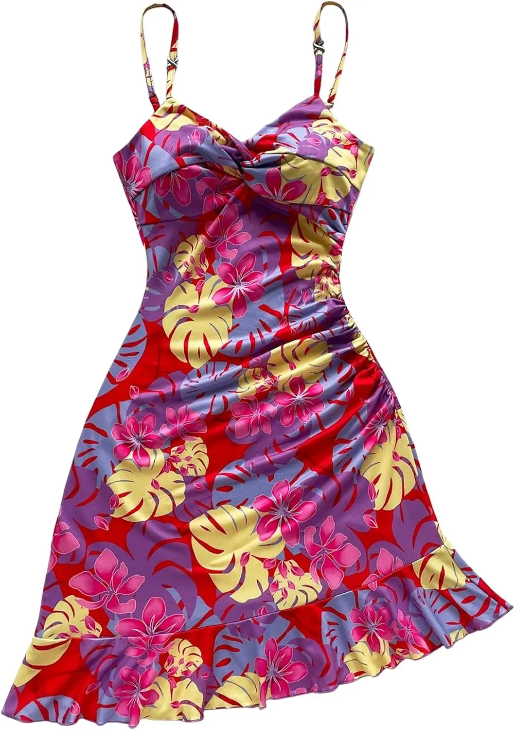 Floerns Women's Summer Tropical Twist Front Ruched Ruffle Hem Bodycon Cami Dress