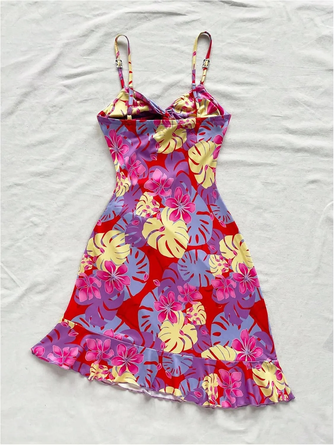 Floerns Women's Summer Tropical Twist Front Ruched Ruffle Hem Bodycon Cami Dress
