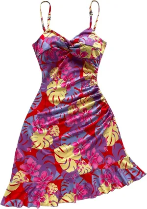 Floerns Women's Summer Tropical Twist Front Ruched Ruffle Hem Bodycon Cami Dress