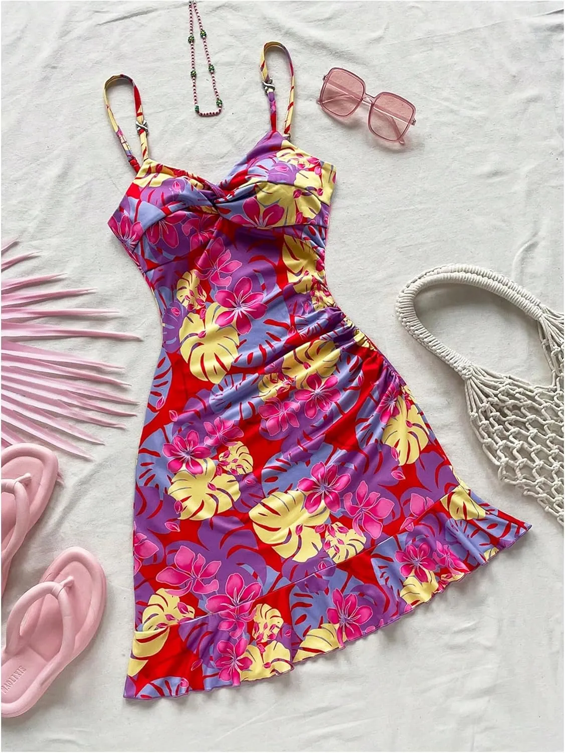 Floerns Women's Summer Tropical Twist Front Ruched Ruffle Hem Bodycon Cami Dress