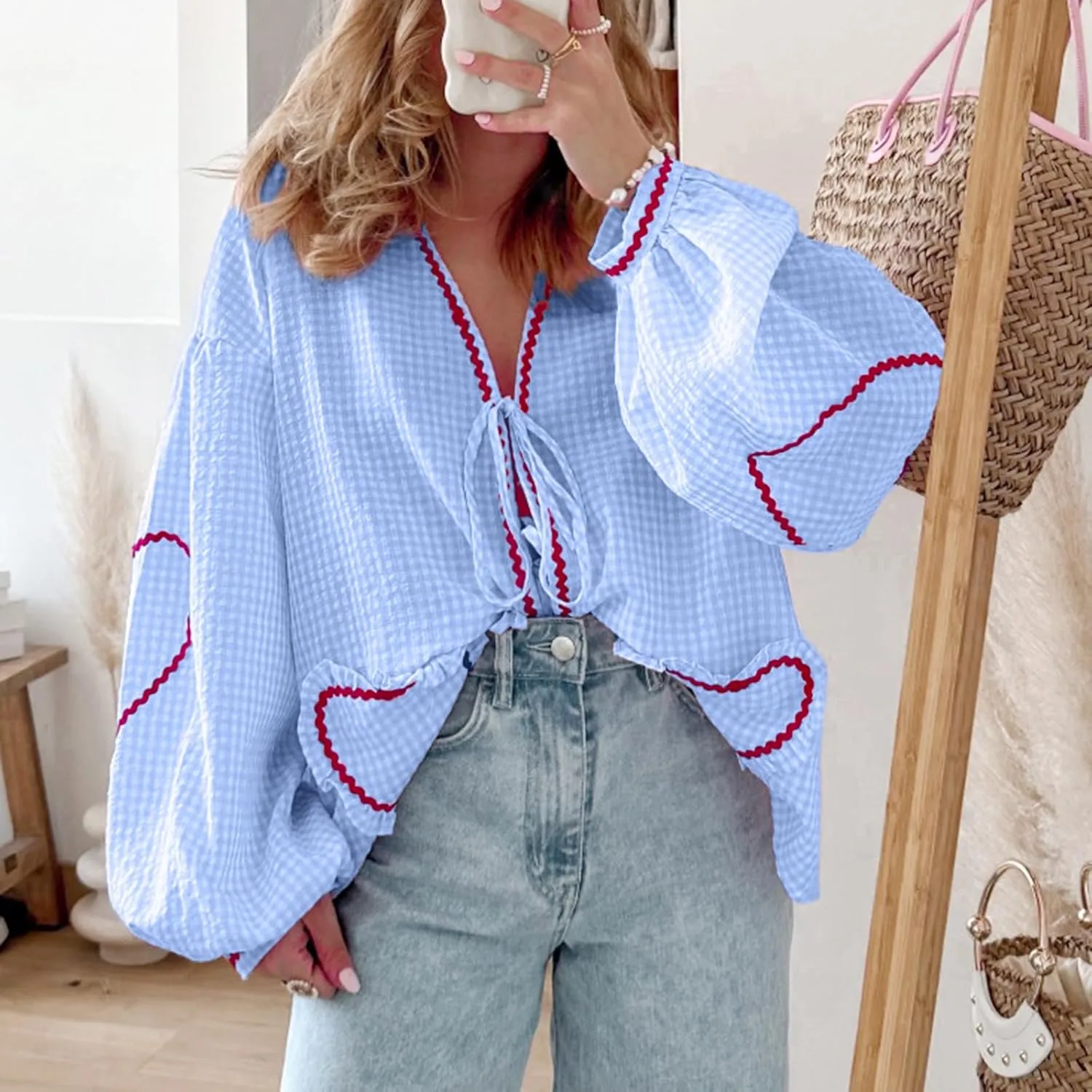 Giraropa Women Plaid Tie Front Top Cute Trim Patchwork Shirt Summer Y2k Puff Long Sleeve V Neck Lace Up Loose Blouse