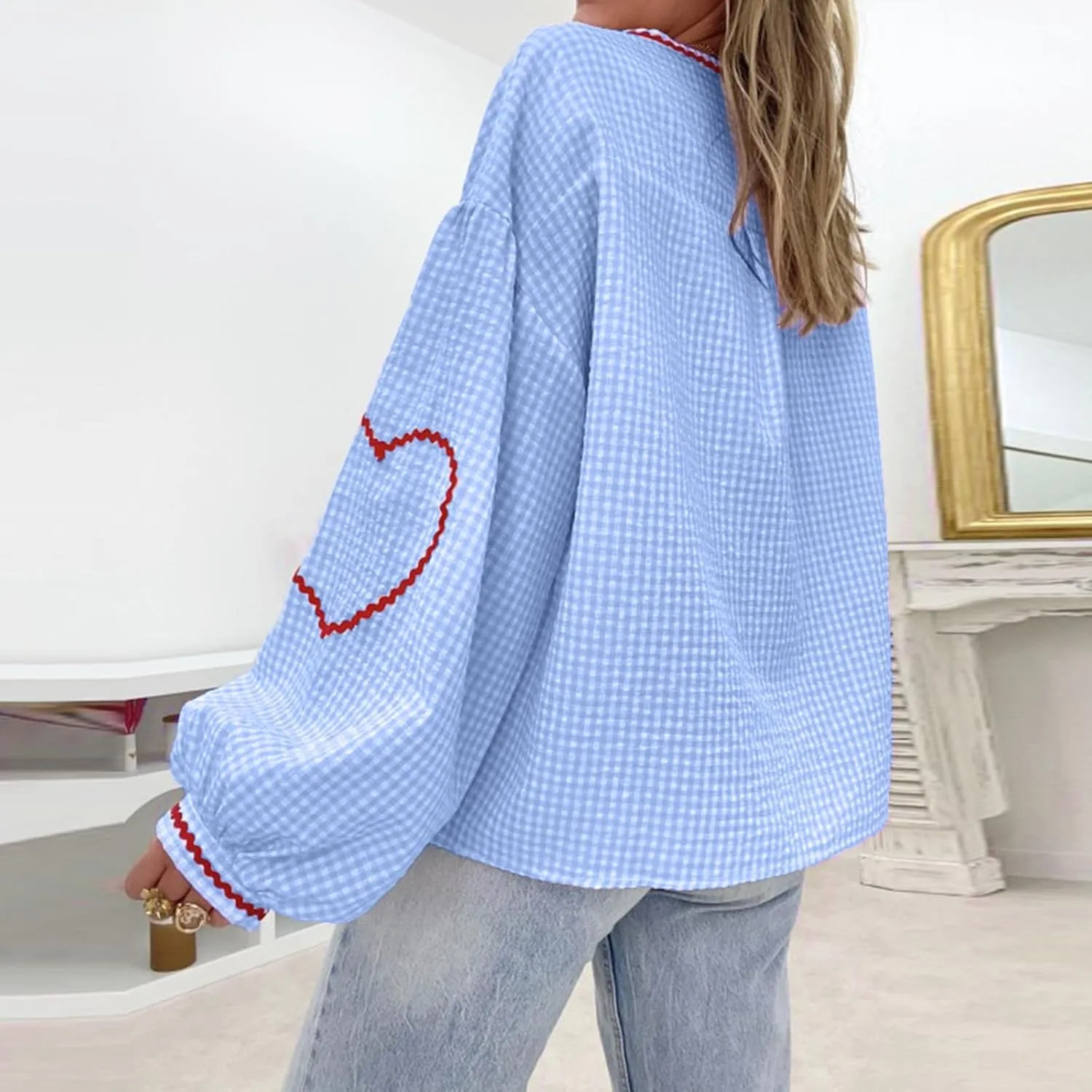 Giraropa Women Plaid Tie Front Top Cute Trim Patchwork Shirt Summer Y2k Puff Long Sleeve V Neck Lace Up Loose Blouse