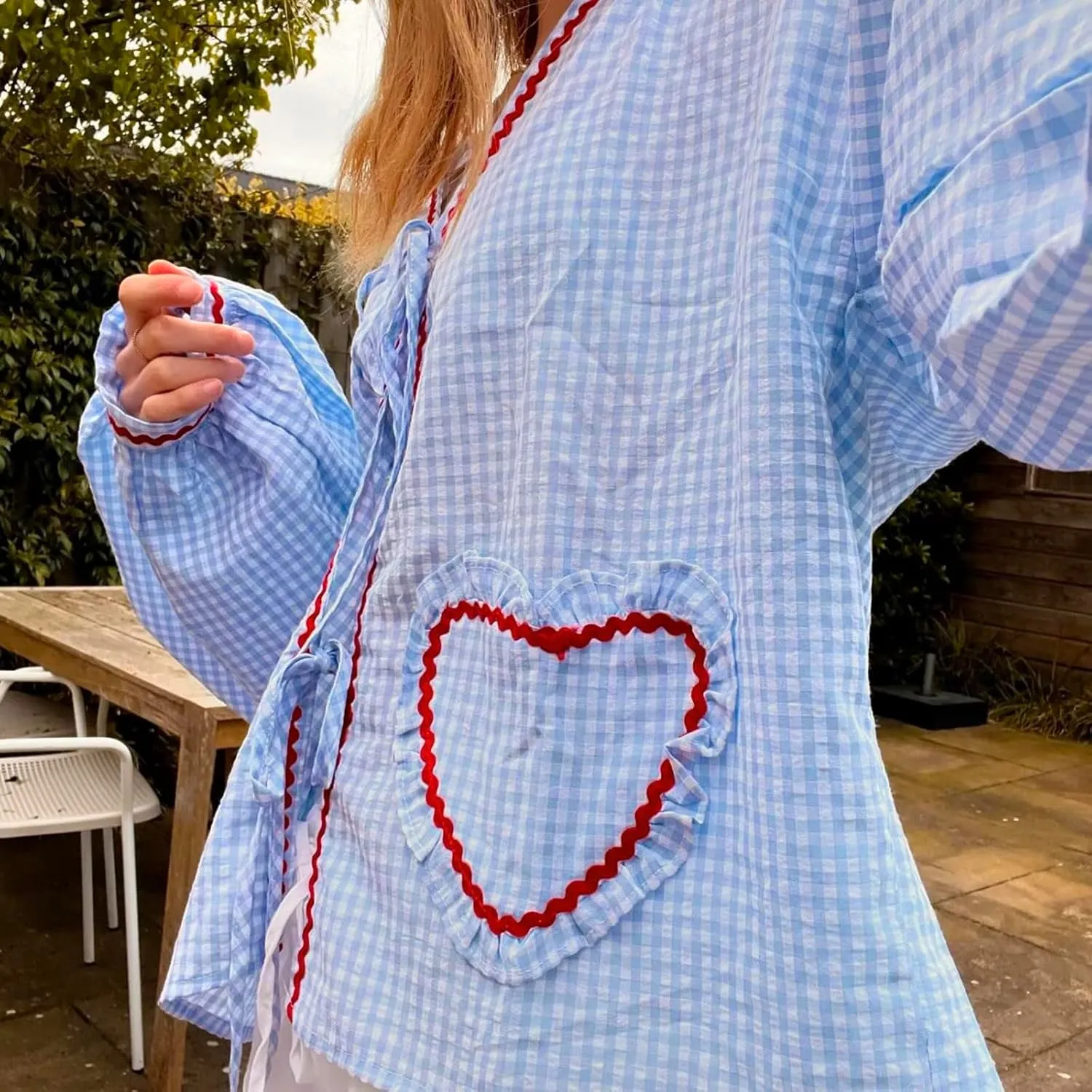 Giraropa Women Plaid Tie Front Top Cute Trim Patchwork Shirt Summer Y2k Puff Long Sleeve V Neck Lace Up Loose Blouse