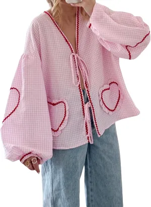 Giraropa Women Plaid Tie Front Top Cute Trim Patchwork Shirt Summer Y2k Puff Long Sleeve V Neck Lace Up Loose Blouse