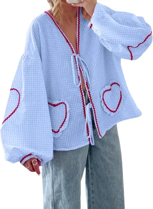 Giraropa Women Plaid Tie Front Top Cute Trim Patchwork Shirt Summer Y2k Puff Long Sleeve V Neck Lace Up Loose Blouse
