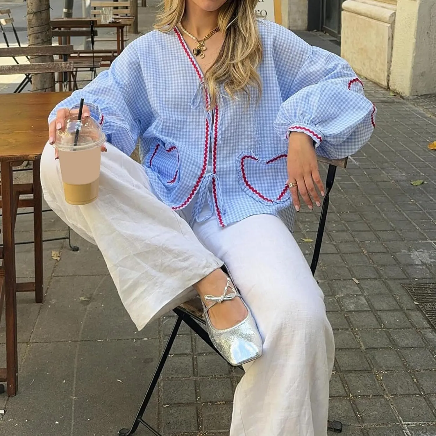Giraropa Women Plaid Tie Front Top Cute Trim Patchwork Shirt Summer Y2k Puff Long Sleeve V Neck Lace Up Loose Blouse
