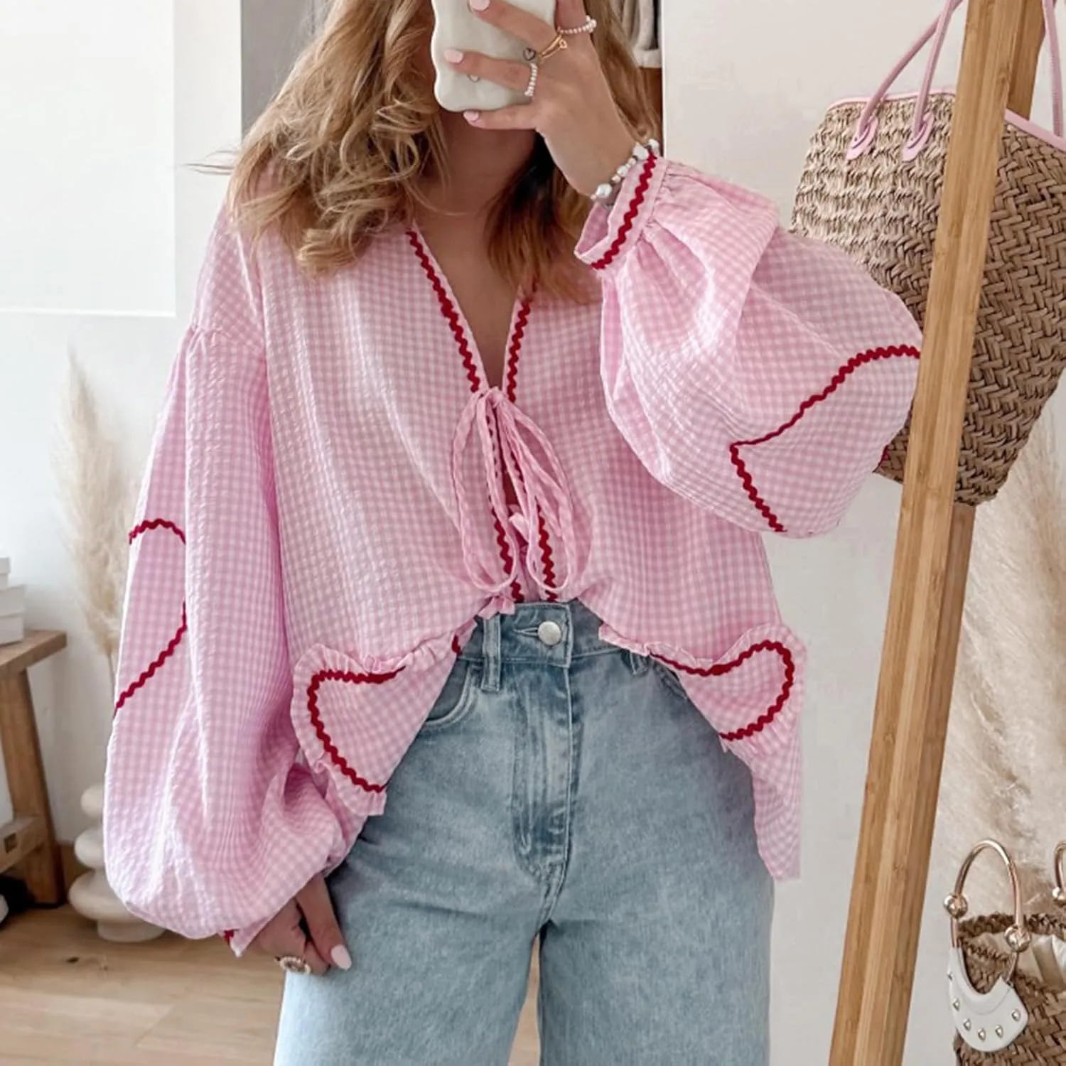 Giraropa Women Plaid Tie Front Top Cute Trim Patchwork Shirt Summer Y2k Puff Long Sleeve V Neck Lace Up Loose Blouse