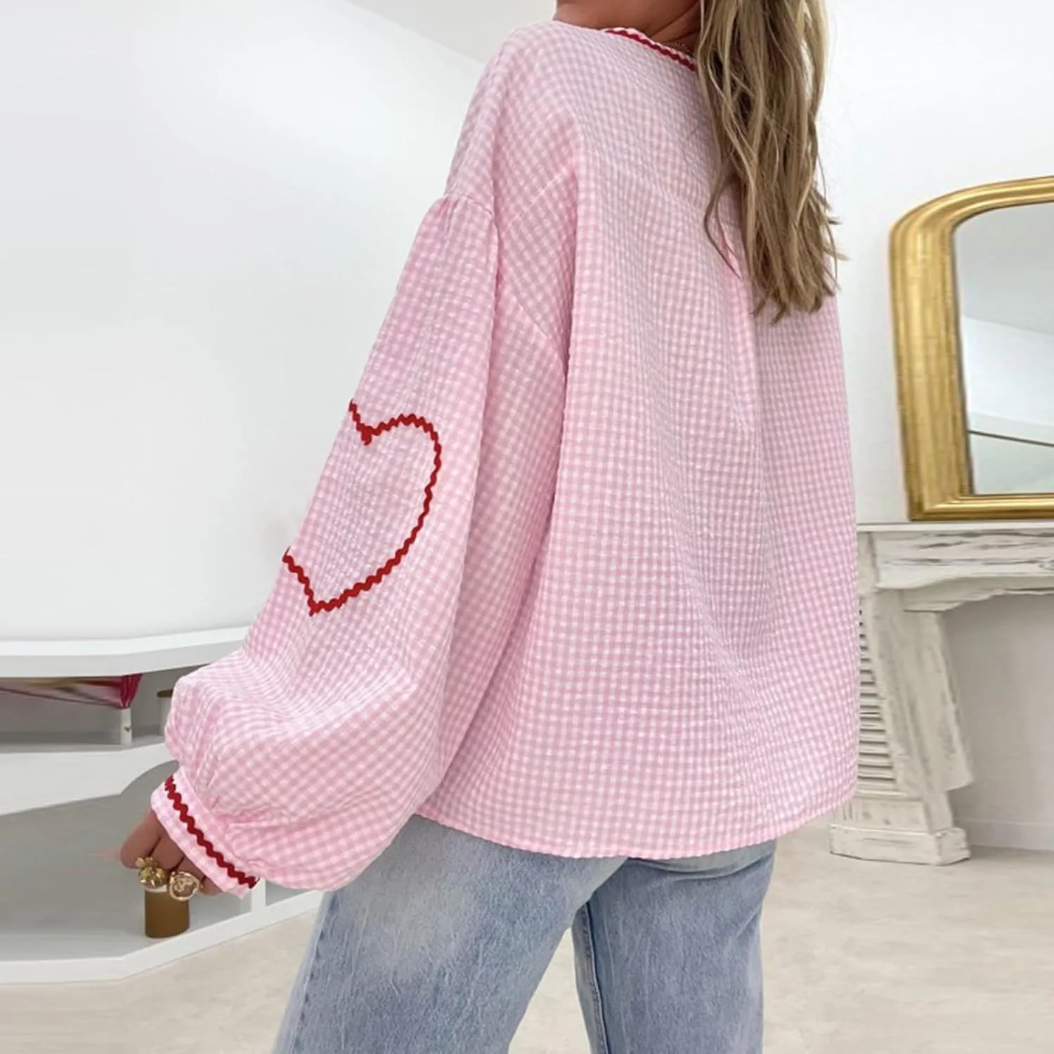 Giraropa Women Plaid Tie Front Top Cute Trim Patchwork Shirt Summer Y2k Puff Long Sleeve V Neck Lace Up Loose Blouse