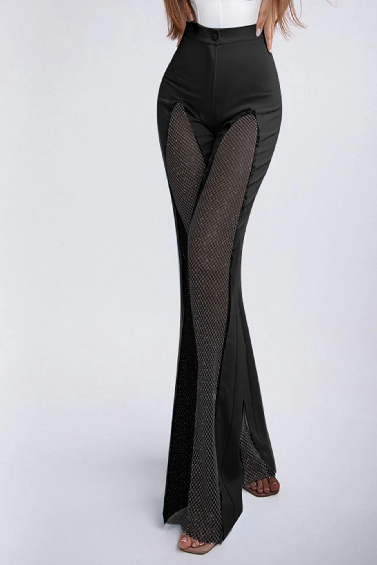 Glitter Hollow Out Patchwork Flares Long Pants