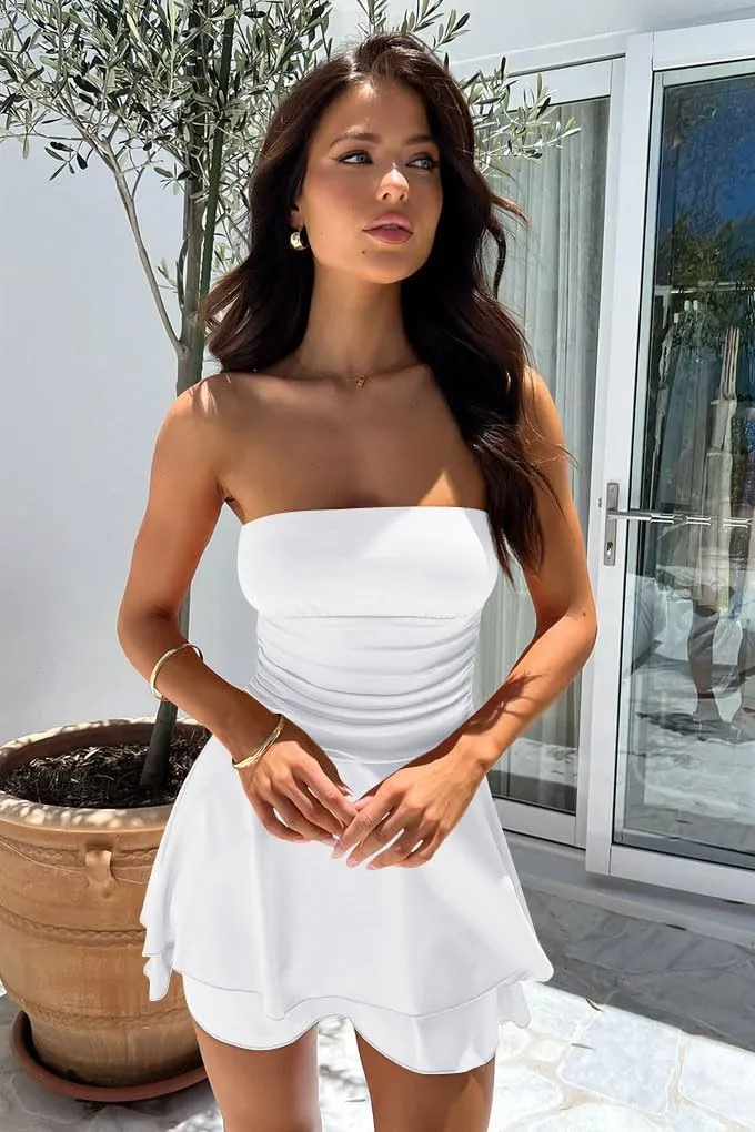 GOKATOSAU Women's Strapless Tube Ruched Waist Cute A Line Flowy Ruffle Hem Mini Dress