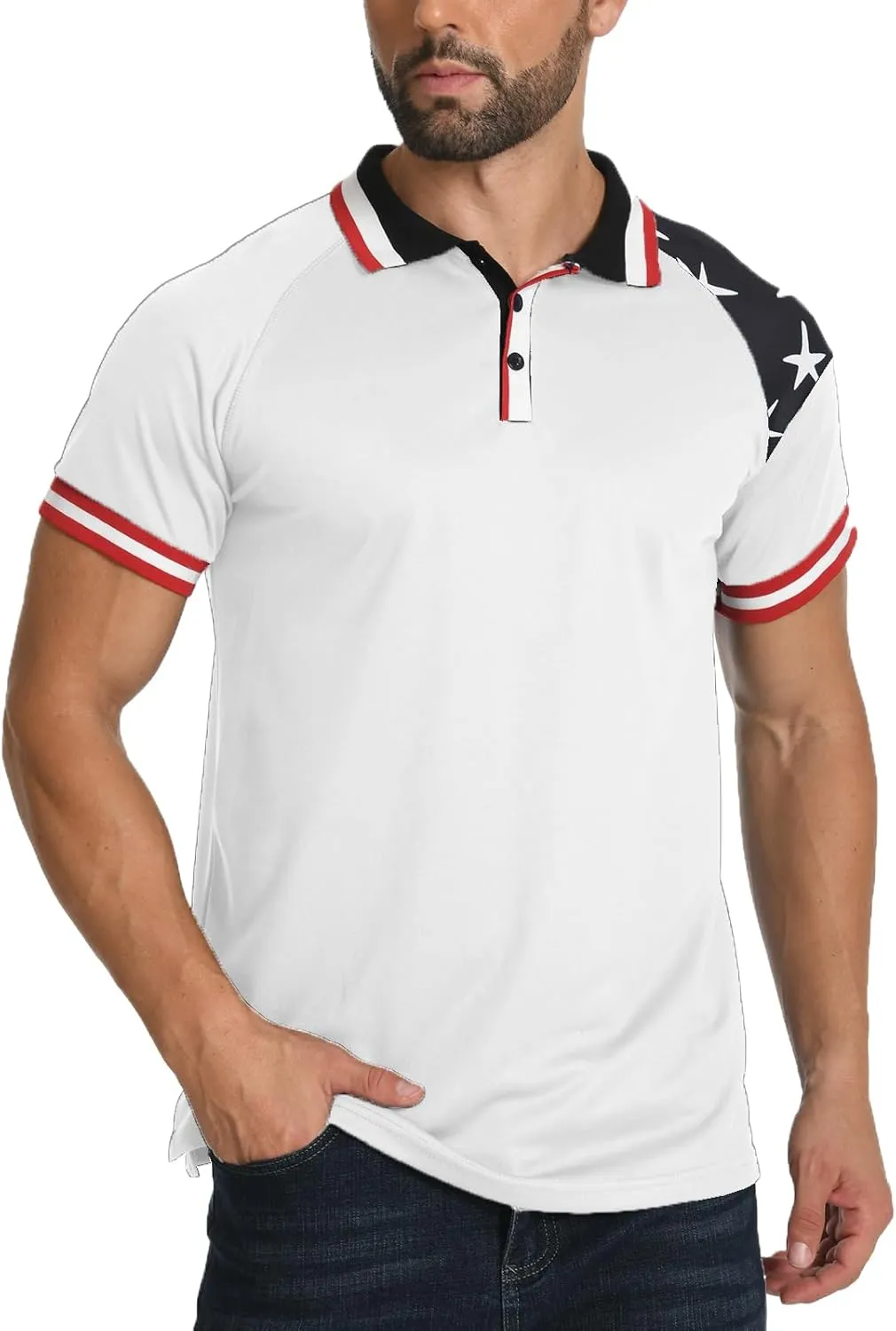 H HYFOL Short Sleeve Polo Shirts for Men Star Patchwork Graphic Stretch Casual American Patriotic Raglan Golf Polos for Men