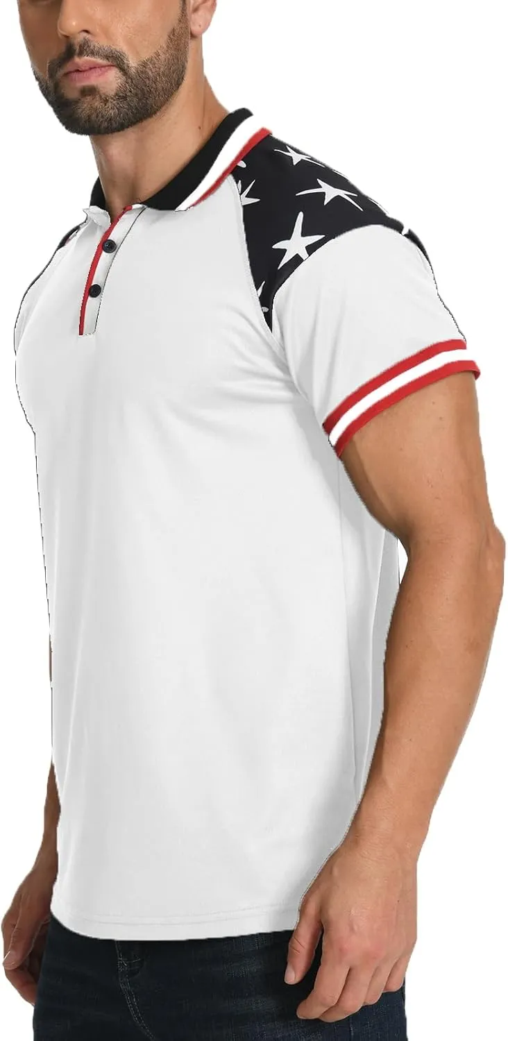 H HYFOL Short Sleeve Polo Shirts for Men Star Patchwork Graphic Stretch Casual American Patriotic Raglan Golf Polos for Men